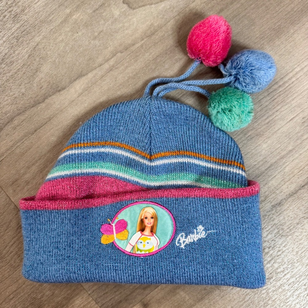 Vintage 2004 Barbie Girls Blue Knit Pom Pom Beanie Hat Glitter Stripe Butterfly